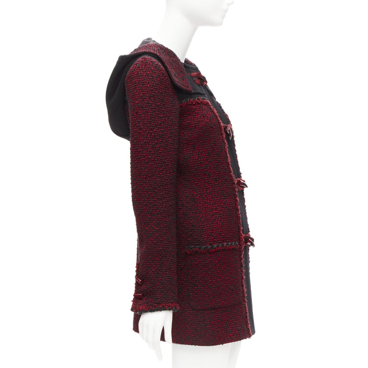 CHANEL 11A Runway red black wool tweed CC logo toggle button duffel coat FR36 S