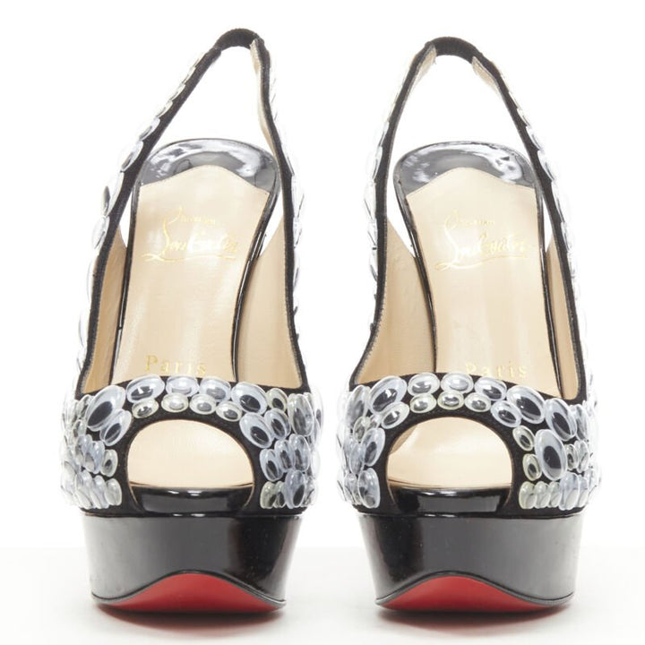CHRISTIAN LOUBOUTIN Deja Vu 150 black patent eyeball peeptoe sling platform EU36