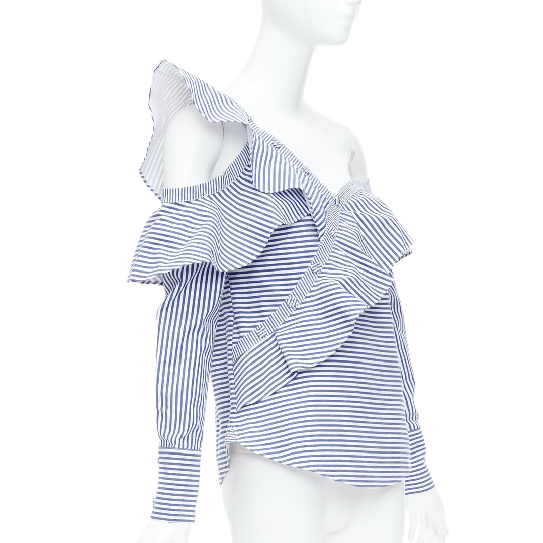 SELF PORTRAIT blue white striped off shoulder asymmetric ruffle top UK8 S
