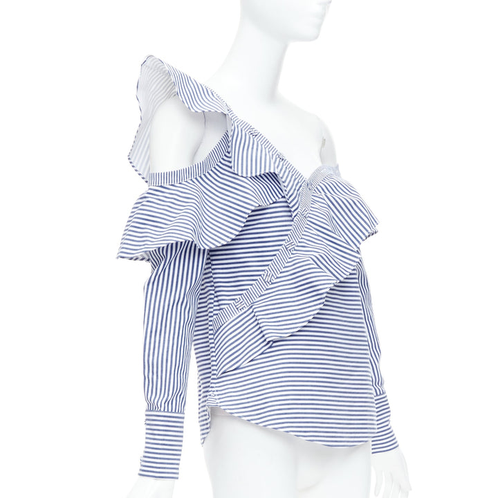 SELF PORTRAIT blue white striped off shoulder asymmetric ruffle top UK8 S