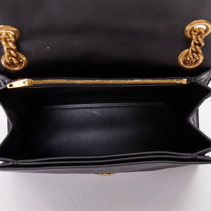BALENCIAGA Crush Medum  black textured leather gold B chain flap shoulder bag