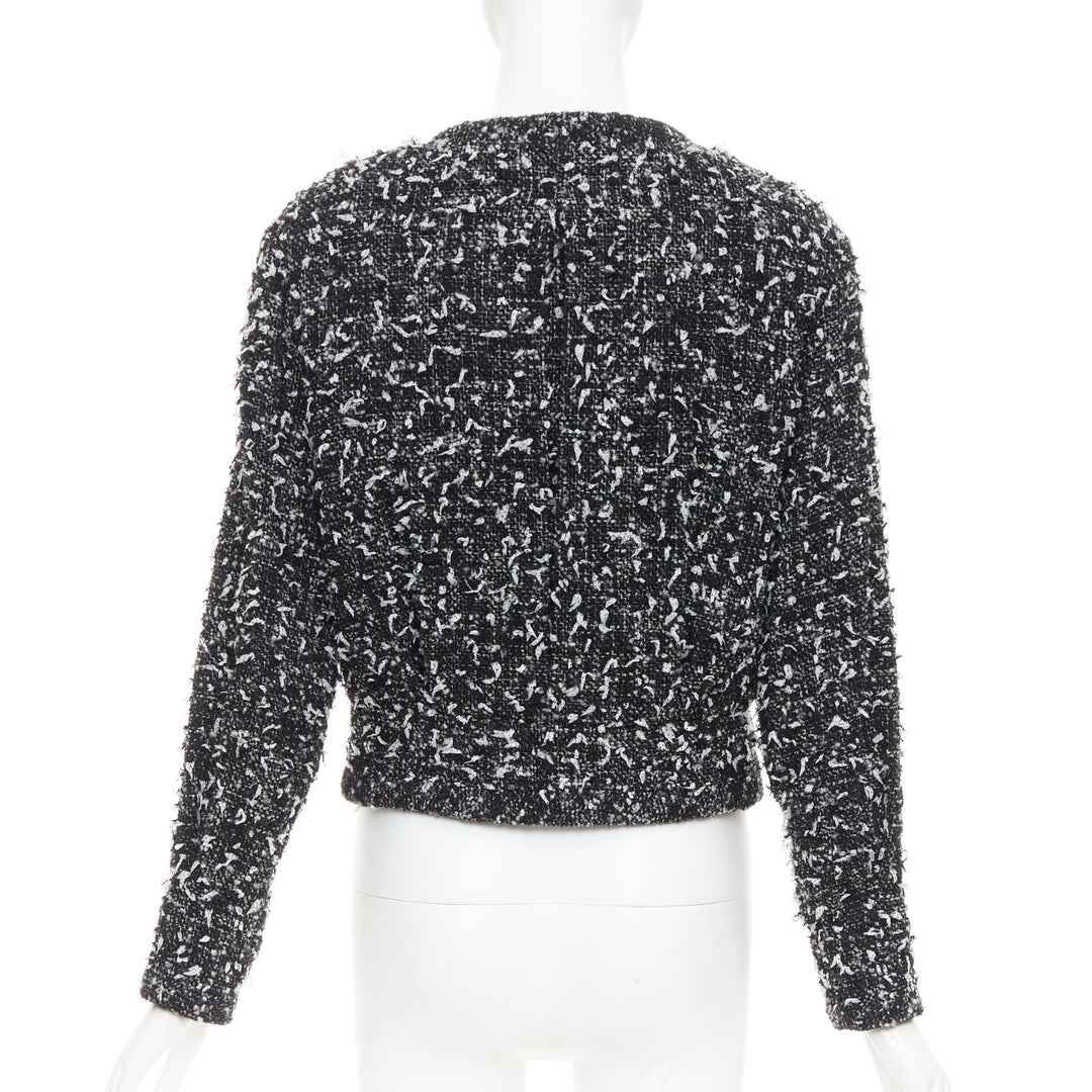 CHANEL 2019 speckle black white tweed collarless CC buttons jacket FR34 XS