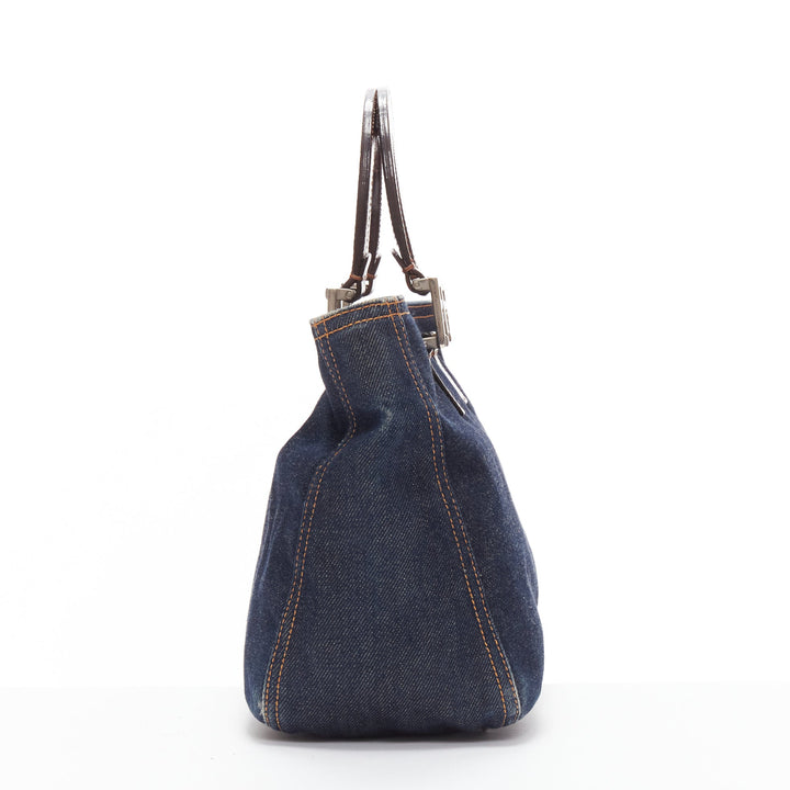 FENDI Vintage Twin dark blue denim FF buckle brown handle bag
