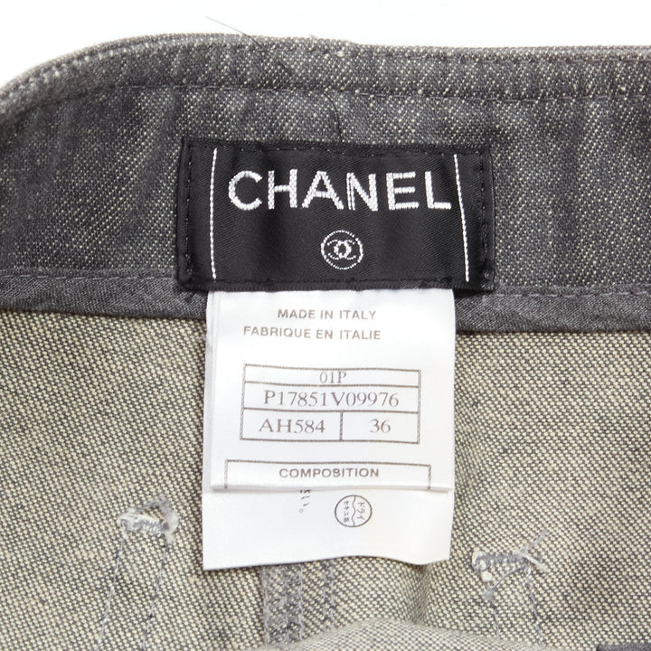 CHANEL 01P Vintage Runway CC rhinestone logo topstitch flared cargo pants FR36 S