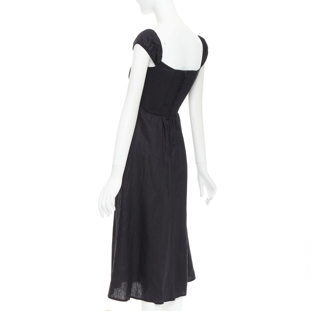REFORMATION Bridgton black 100% linen cap sleeves sweetheart midi dress US2 S