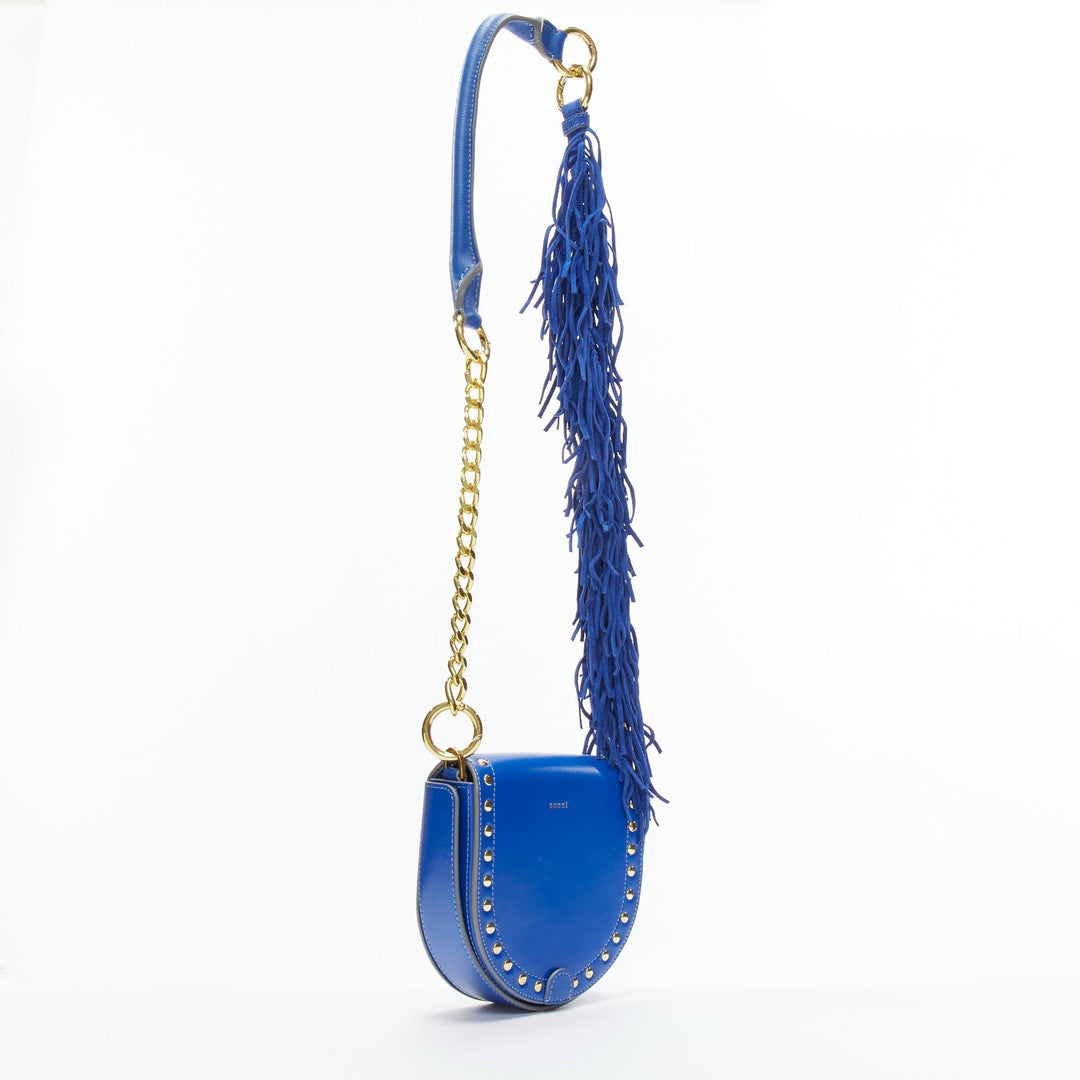 SACAI Horseshow cobalt blue leather suede fringe studs crossbody bag