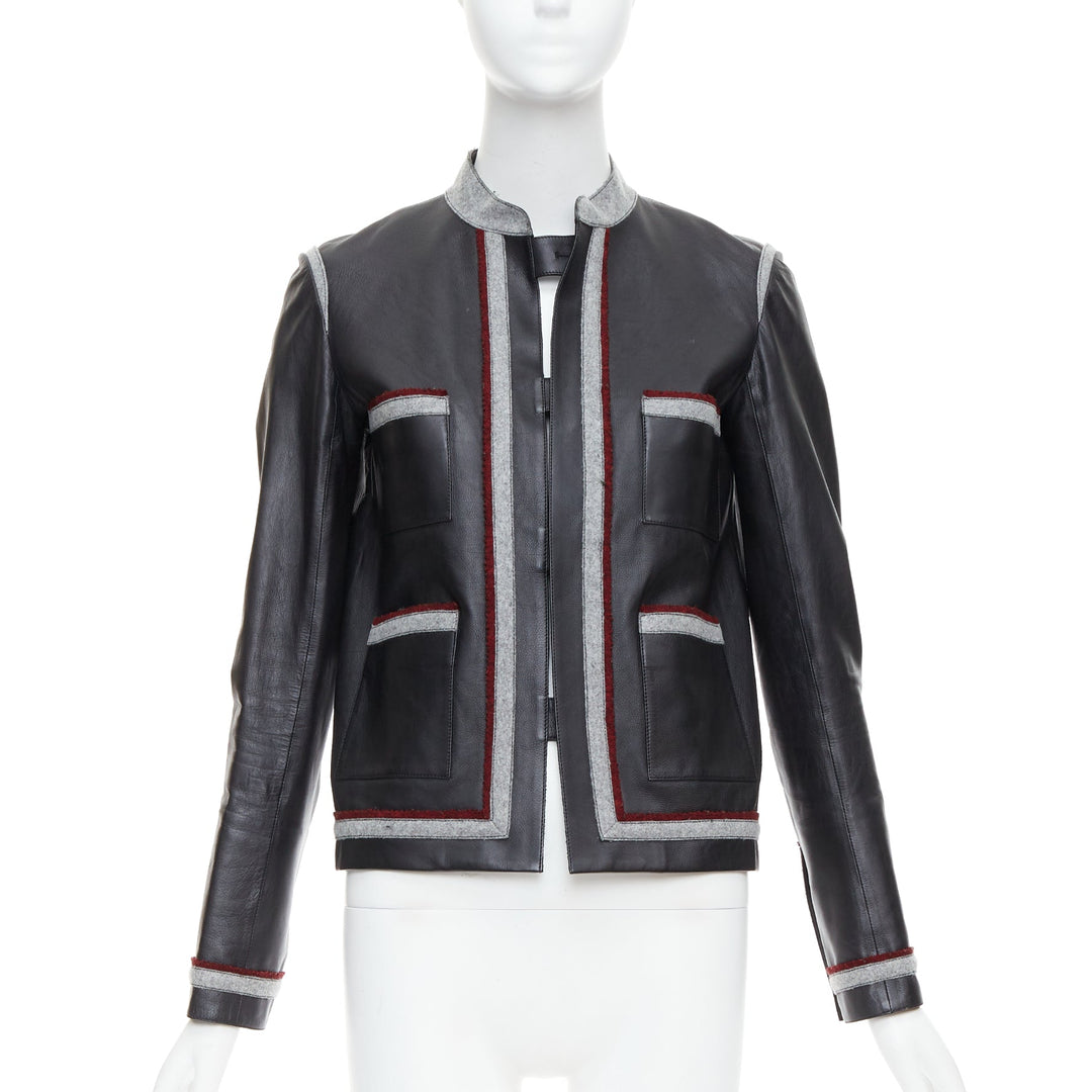 CHANEL 10A Paris Shanghai Runway black leather grey trim 4 pocket jacket FR36 S