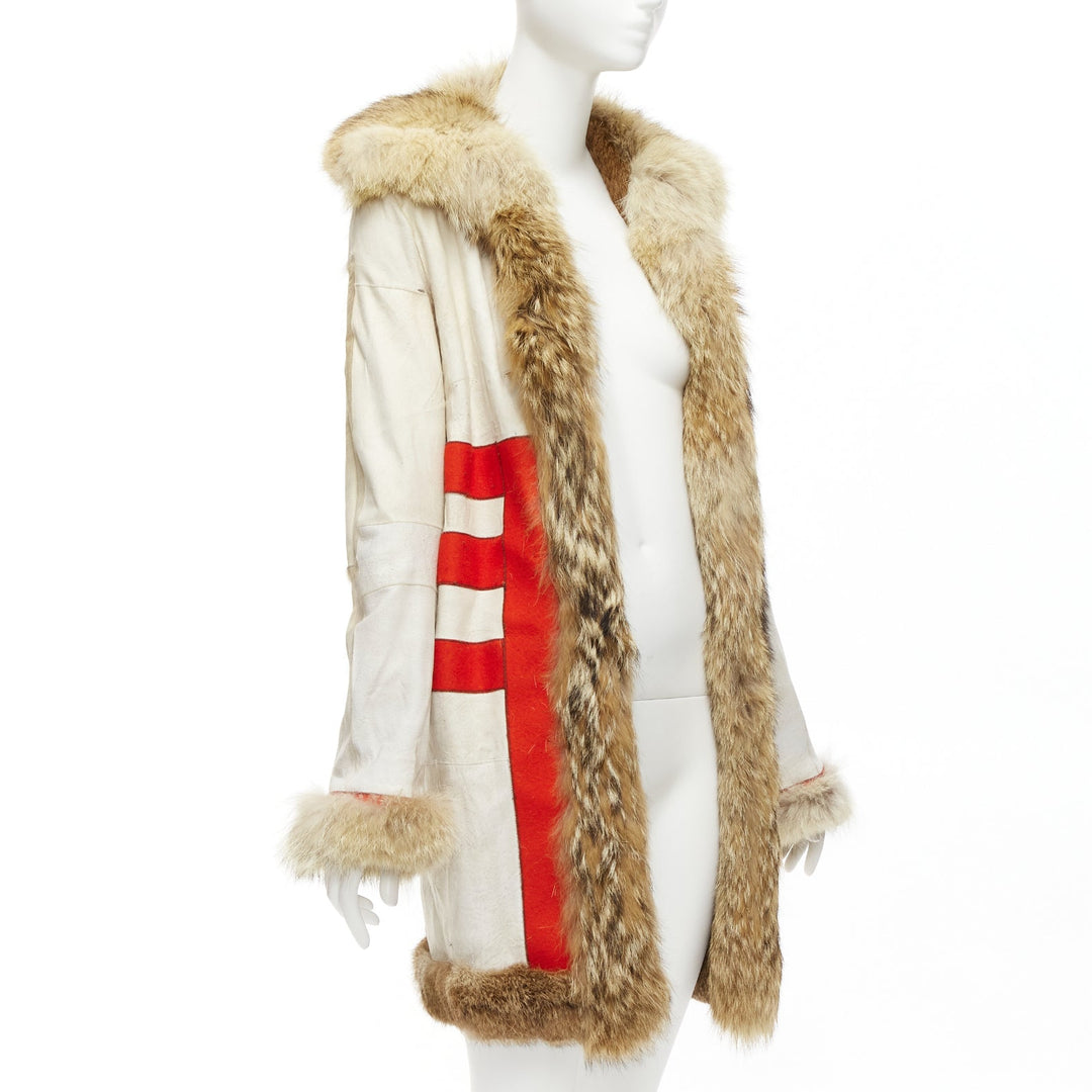 BALENCIAGA 2007 cream red 100% wool brown genuine fur lined longline coat FR36 S