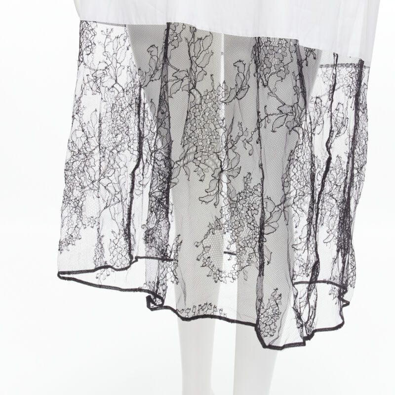 VALENTINO white cotton black floral lace hem shirt dress IT36 XS