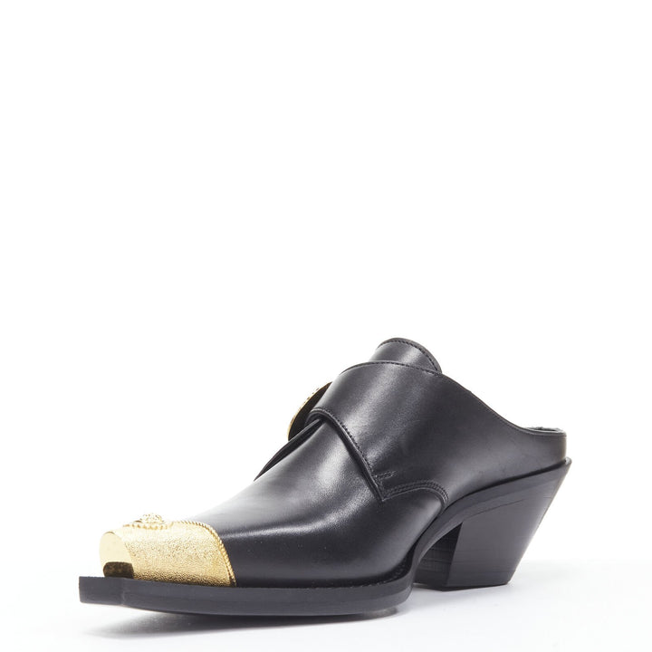 VERSACE 2019 black leather gold Medusa toe western buckle cuban mule EU37