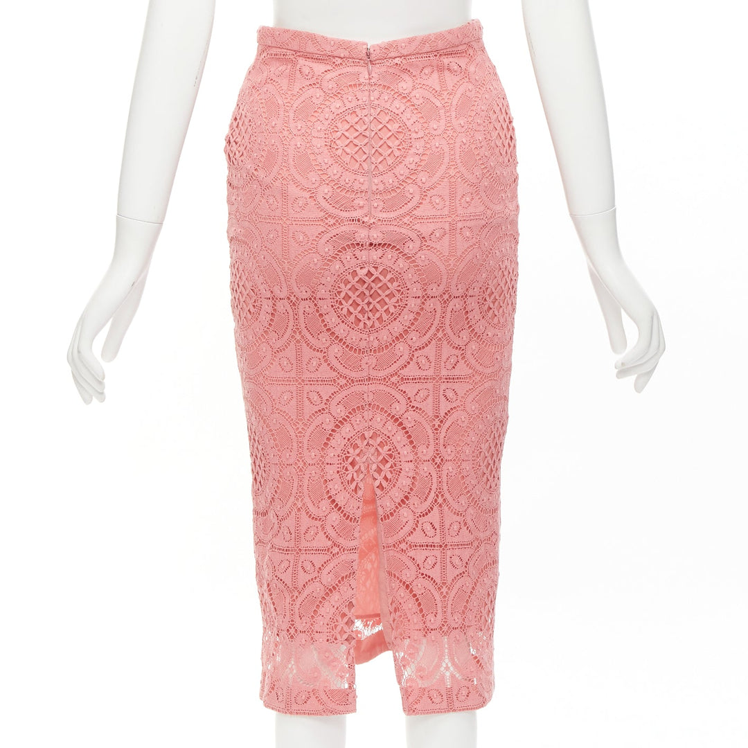 BURBERRY Runway pink cotton blend floral lace high waisted pencil skirt IT36 XXS