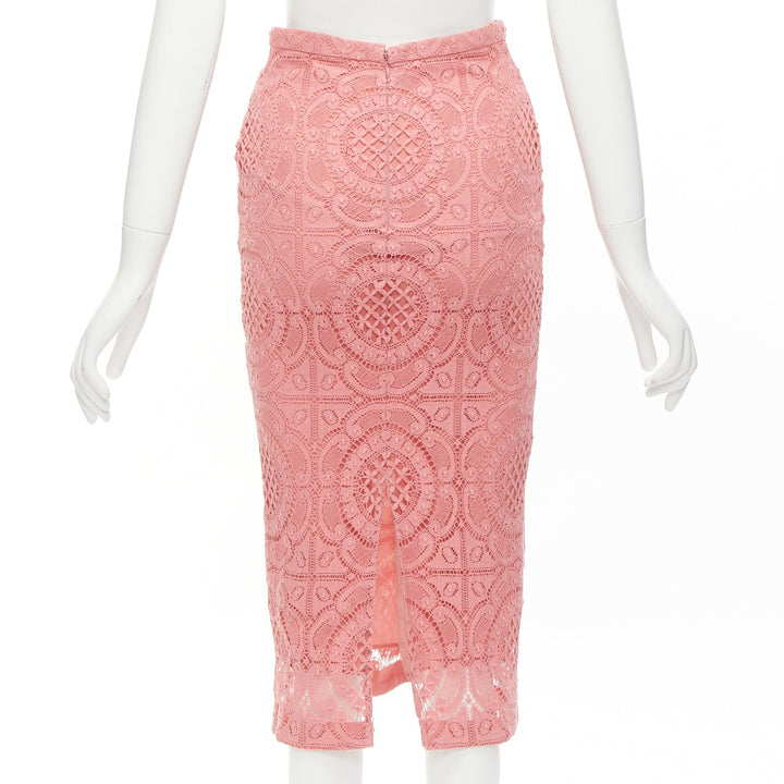 BURBERRY Runway pink cotton blend floral lace high waisted pencil skirt IT36 XXS