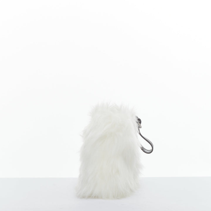 PRADA white faux fur silver triangle logo wristlet clutch bag