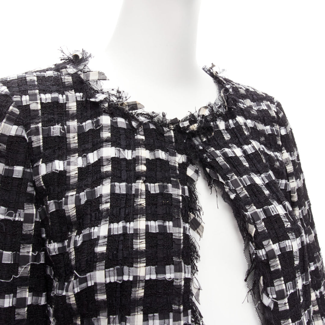 CHANEL black white raw frayed check tweed gripoix buttons cropped jacket FR40 L