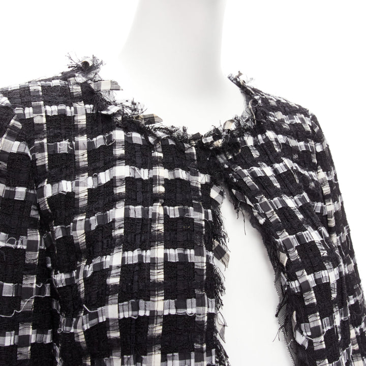 CHANEL black white raw frayed check tweed gripoix buttons cropped jacket FR40 L
