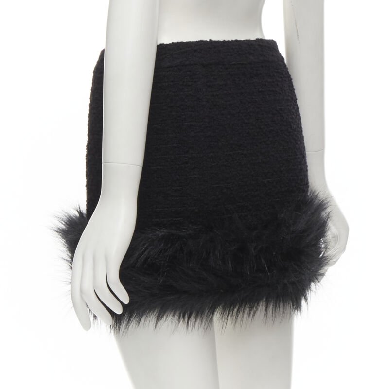 SAINT LAURENT 2022 black tweed faux fur trimmed mini skirt FR34 XS
