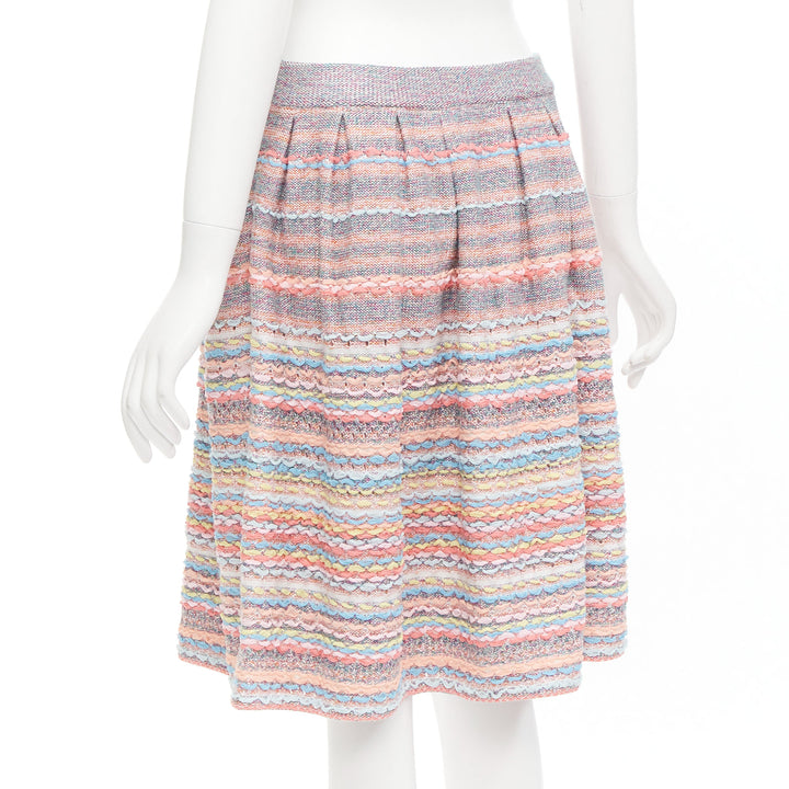 CHANEL 18P rainbow silk cotton cashmere ribbon tweed knee length skirt FR40 L