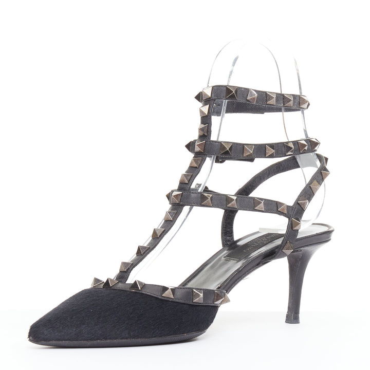 VALENTINO Rockstud Noir black horsehair silver studs pointy cage sandals EU37.5