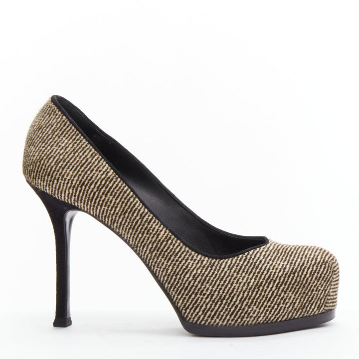 YVES SAINT LAURENT Tribtoo brown wool tweed platform heel pump EU37.5
