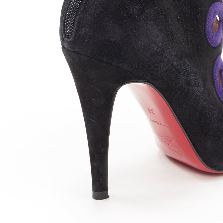 CHRISTIAN LOUBOUTIN black suede purple swirl cut out high heel ankle bootie EU36