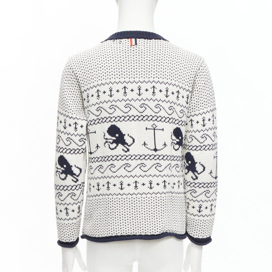 THOM BROWNE off white navy nautical octopus intarsia  ringer sweater SZ.3 L