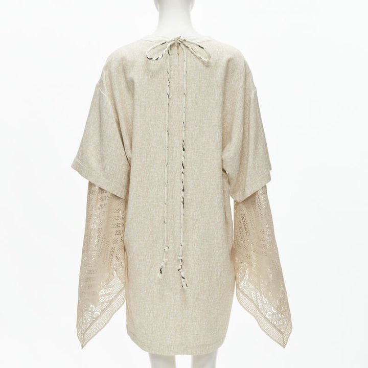 CHLOE 2019 Sandy Khaki speckle bohemian crochet sleeves layered dress FR40 M