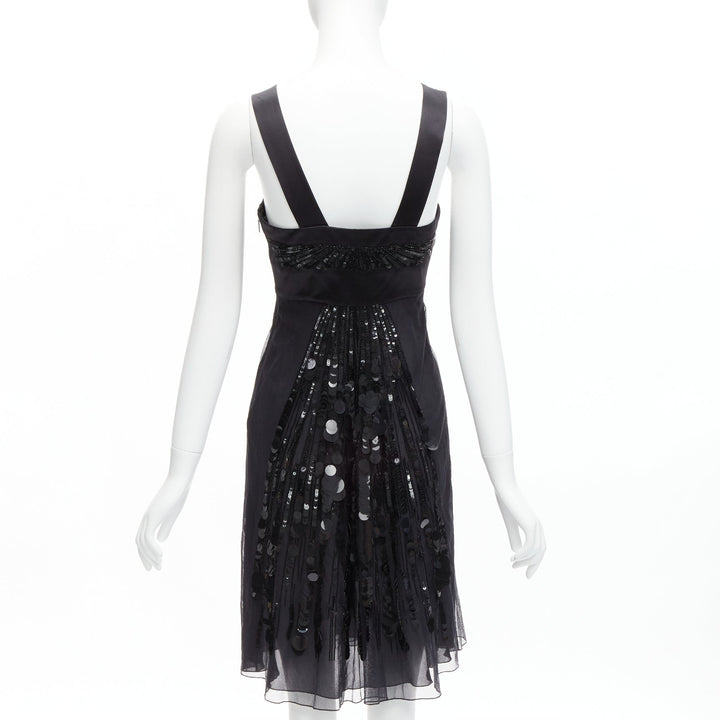 rare VERSACE 2008 black sequins bead embellishment ruffle strap dress IT38 XS