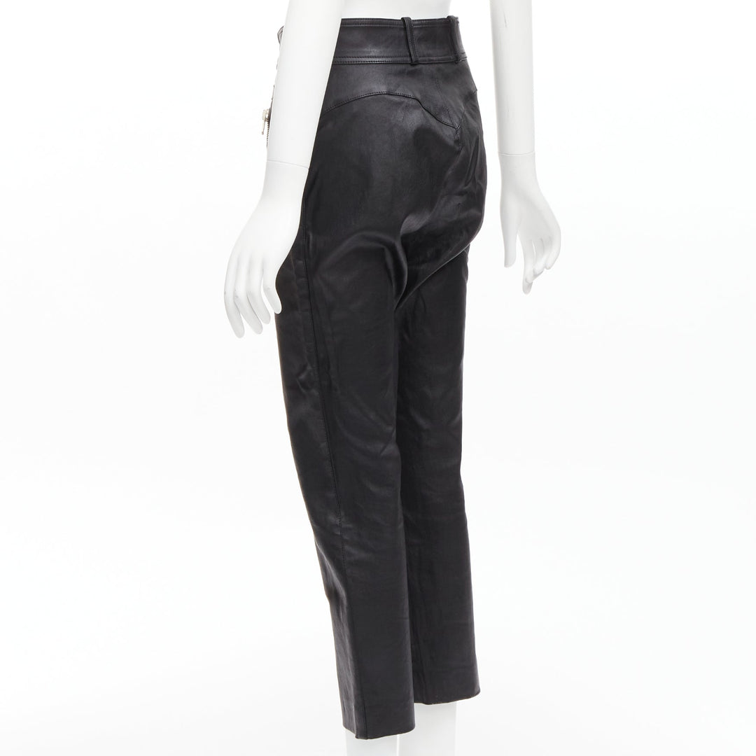 BALENCIAGA Demna 2017 logo patch silver zip cropped moto leather pants FR40 L