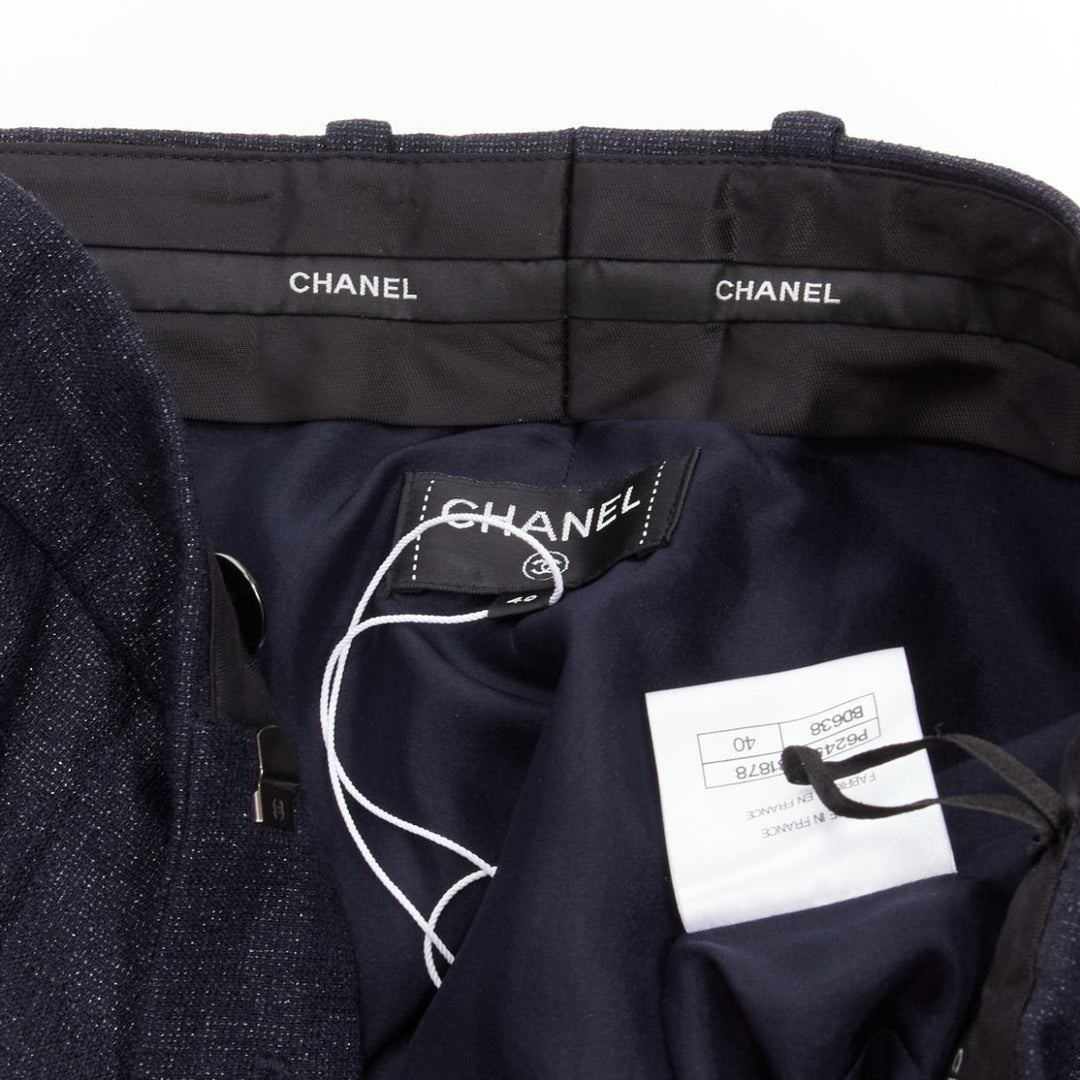 CHANEL  metallic black pleated front chain trimmed wide leg pants FR40 M
