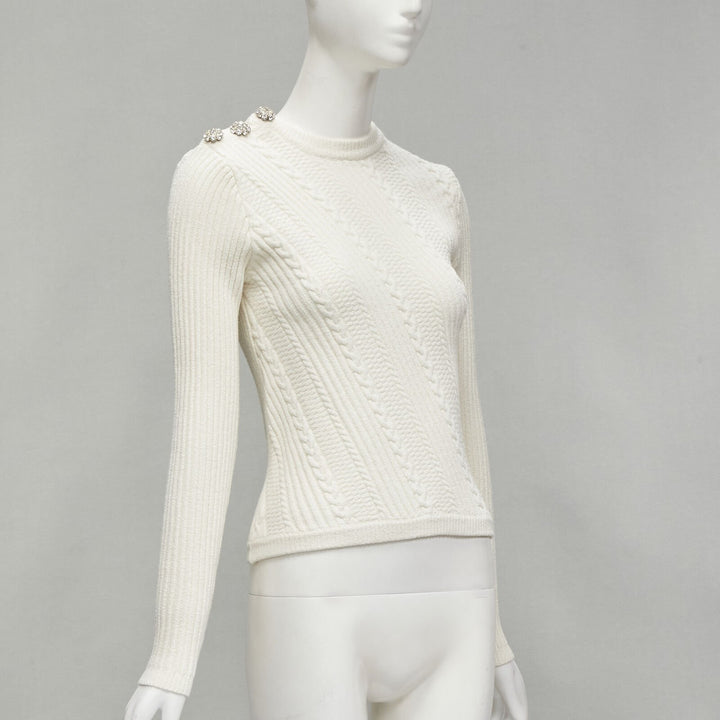 GANNI ivory crystal button textured knit cotton blend sweater top XS