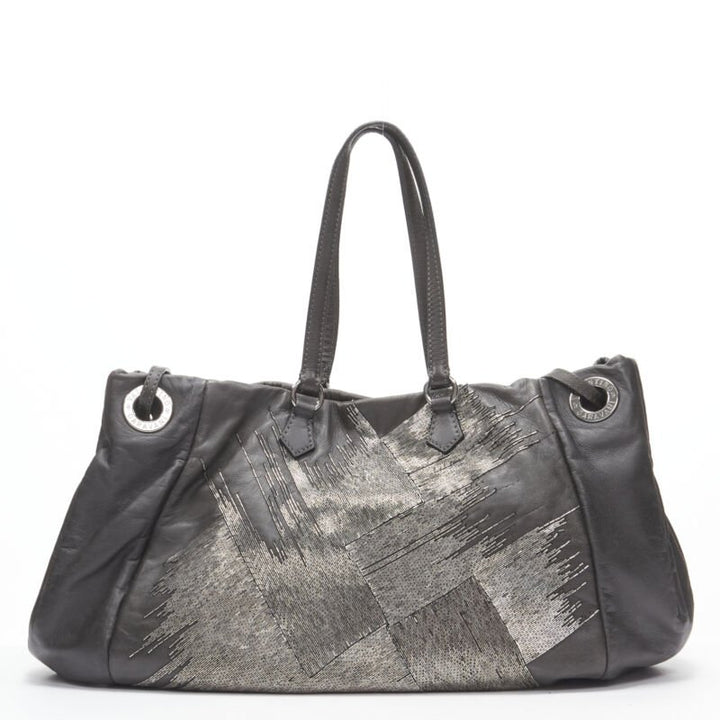 VALENTINO silver bead embellished grey leather crossbody large tote bag