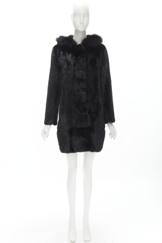 ISLA black fur long sleeve snap button hooded jacket IT42