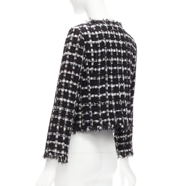 CHANEL black white raw frayed check tweed gripoix buttons cropped jacket FR40 L