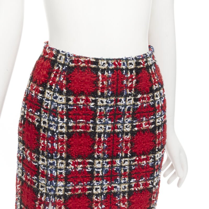 HALPERN red plaid check tweed high slit pencil midi skirt FR34 XS
