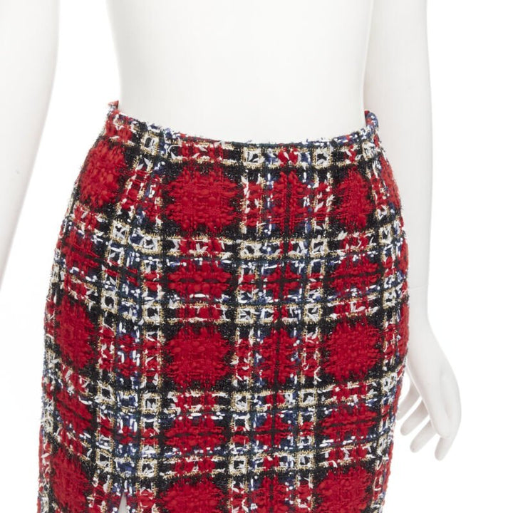 HALPERN red plaid check tweed high slit pencil midi skirt FR34 XS