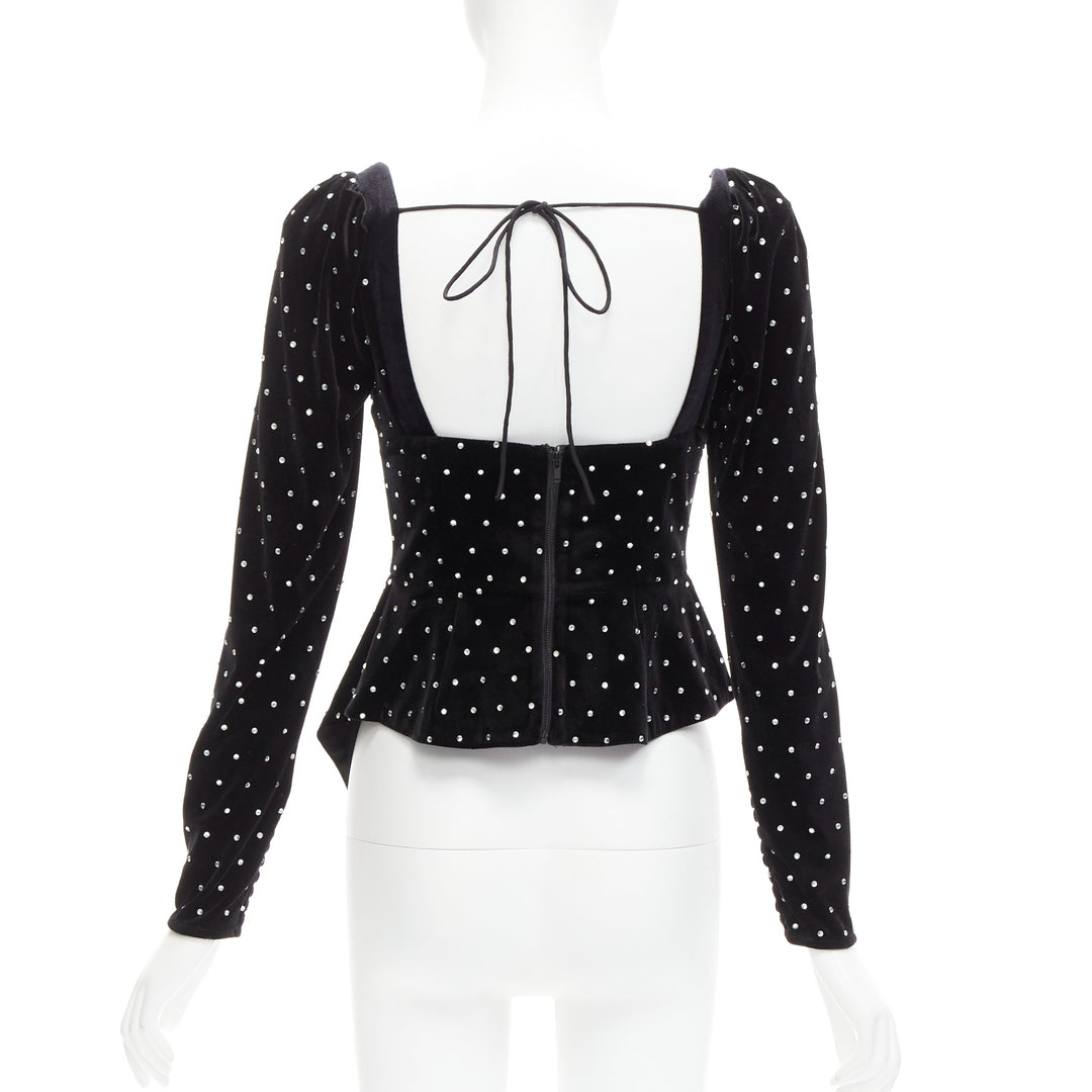 SELF PORTRAIT black silver crystal velvet tie puff sleeve top UK6 XS Jennie