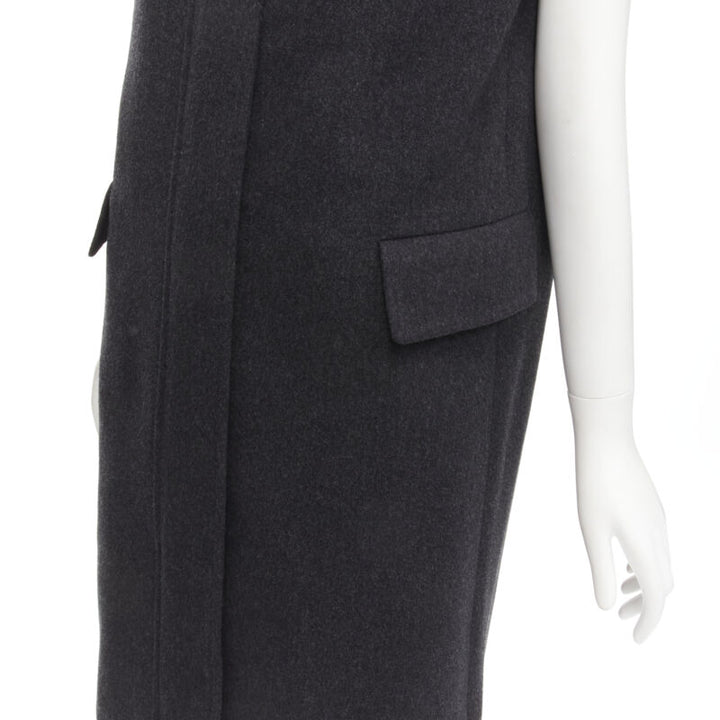 JOSEPH wool black minimal oversized fur collar flap pockets boxy vest FR38 S