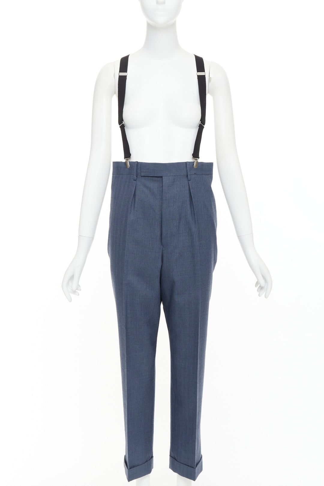 JUNYA WATANABE 2012 blue pinstripe black suspender high waisted harem pants M