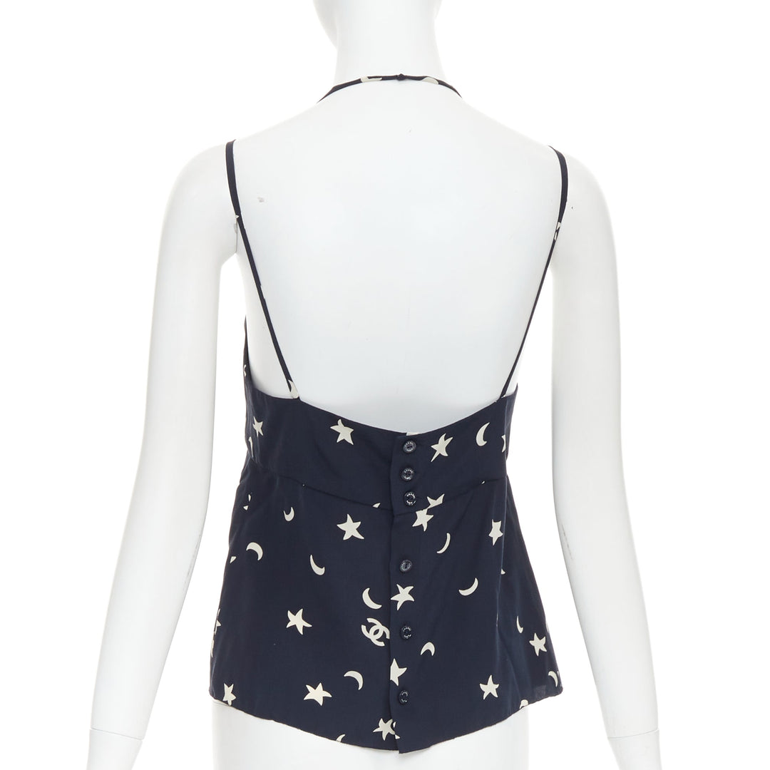 CHANEL 2008 navy off white 100% silk CC logo moon star bow camisole FR36 S