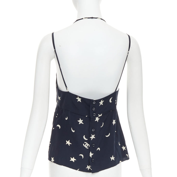CHANEL 2008 navy off white 100% silk CC logo moon star bow camisole FR36 S