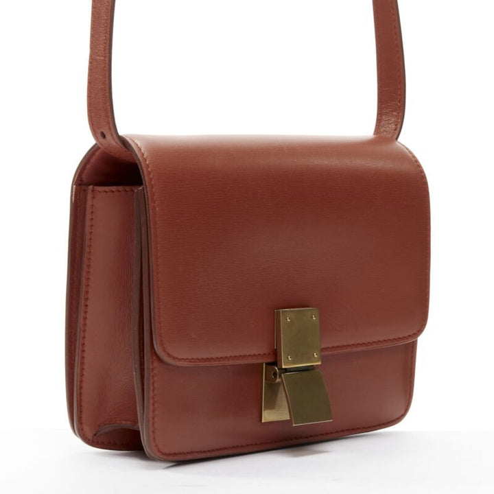 CELINE Classic Box tan brown calfskin gold clasp adjustable crossbody bag Small