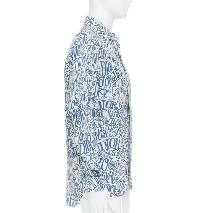 DIOR Shawn Stussy blue graffiti swirl logo print button down shirt EU38 S