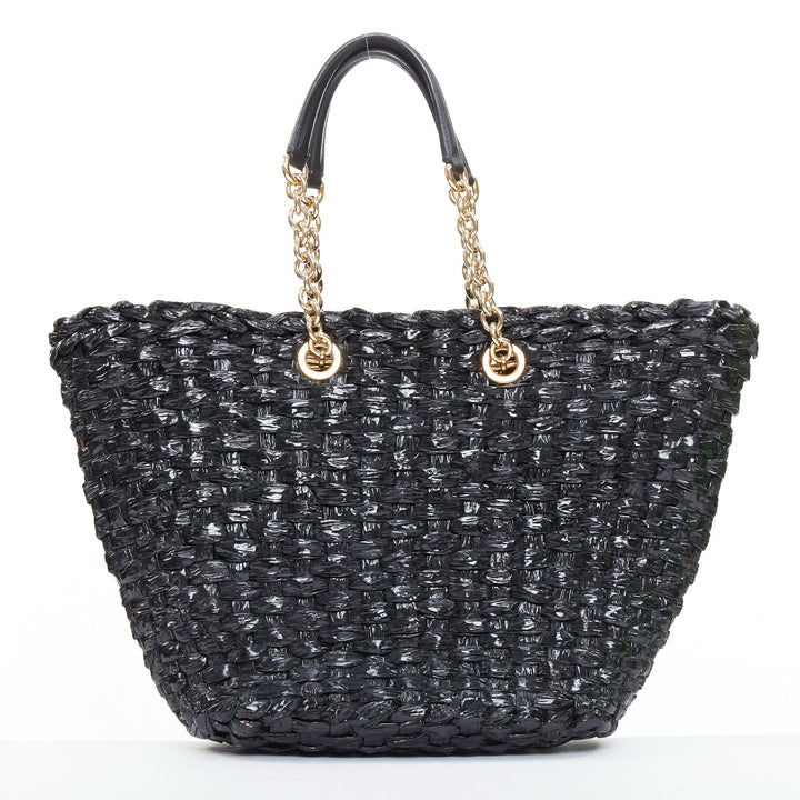 DOLCE GABBANA Vernice Vitello black lacquered raffia woven coffa large tote bag