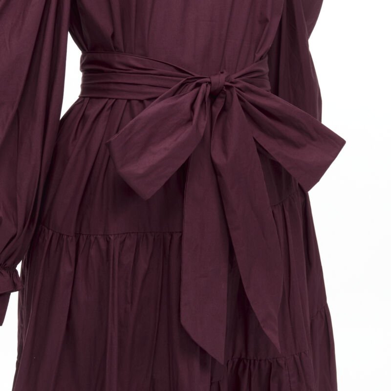 ULLA JOHNSON burgundy cotton bow belt balloon sleeves flared midi dress US2 XS