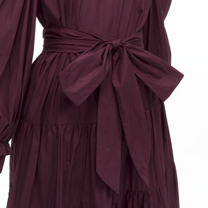 ULLA JOHNSON burgundy cotton bow belt balloon sleeves flared midi dress US2 XS