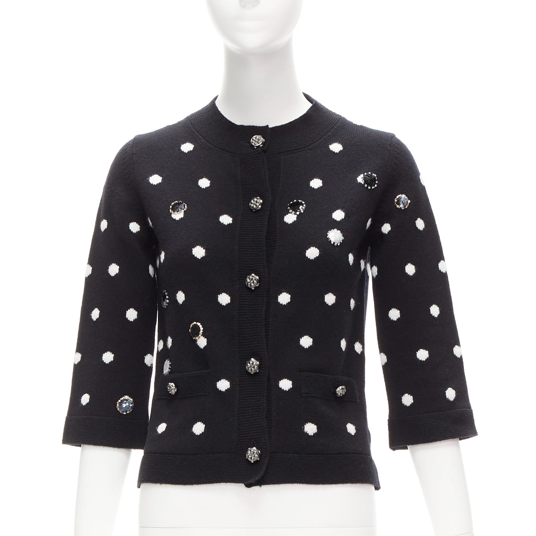 CHANEL 08A 100% cashmere silver embellished black polka dot cardigan FR34 XS