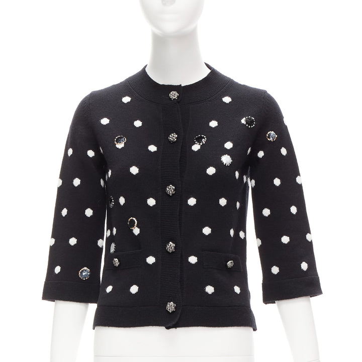 CHANEL 08A 100% cashmere silver embellished black polka dot cardigan FR34 XS
