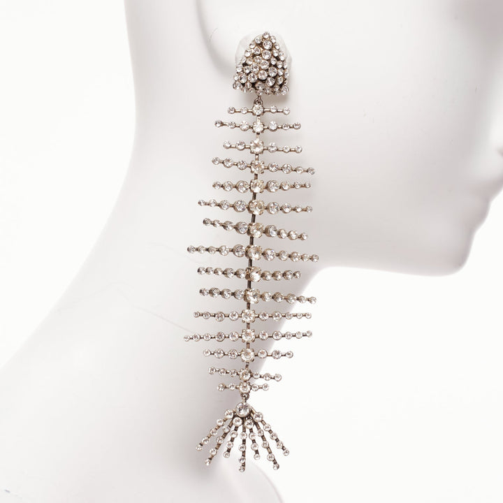 SAINT LAURENT clear crystal spiral fish bone dangling clip on earrings