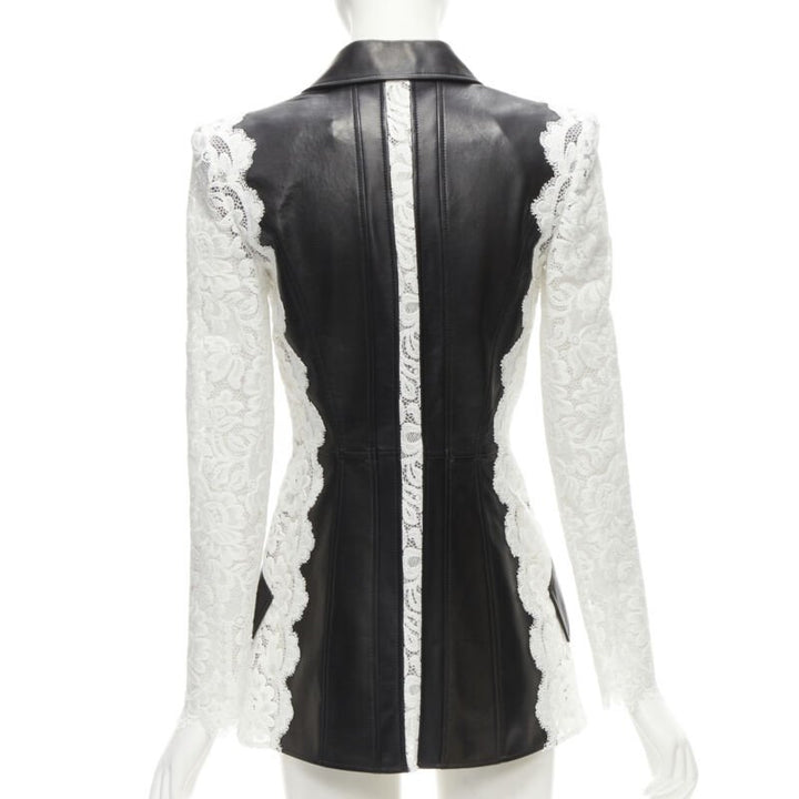 ALEXANDER MCQUEEN 2020 black lamb leather white lace trim blazer jacket IT38 XS