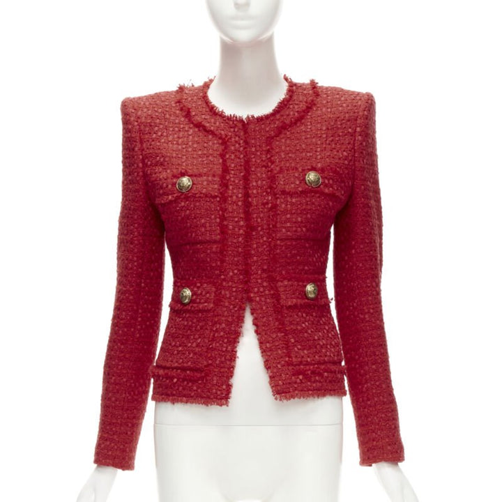 BALMAIN red tweed gold military button 4 pocket power blazer jacket FR34 XS